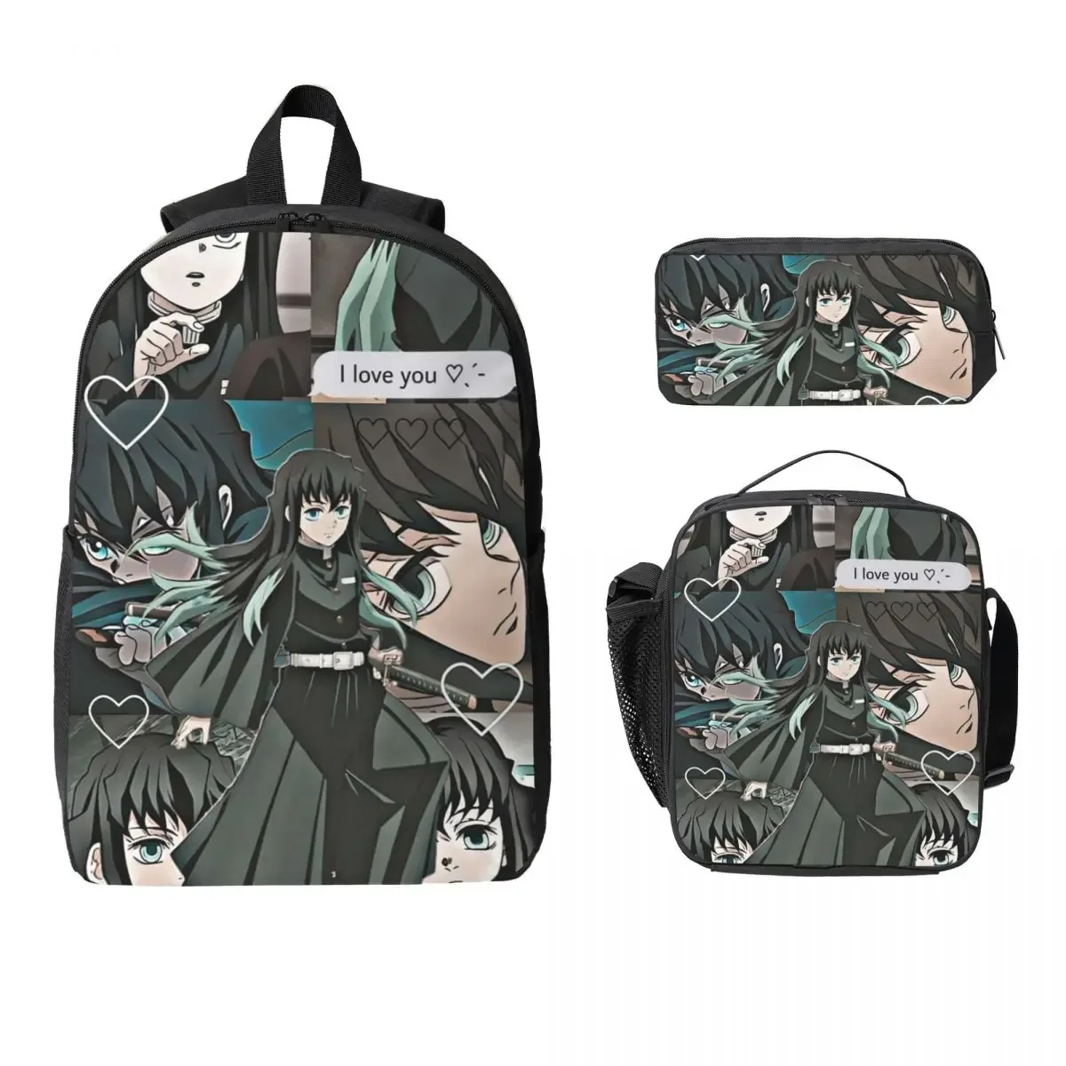 muichiro tokito demon slayer sac à dos garçons filles bookbag sac d'école ordinateur portable sacs à bandoulière 3ps sac à déjeuner isolé trousse à crayons