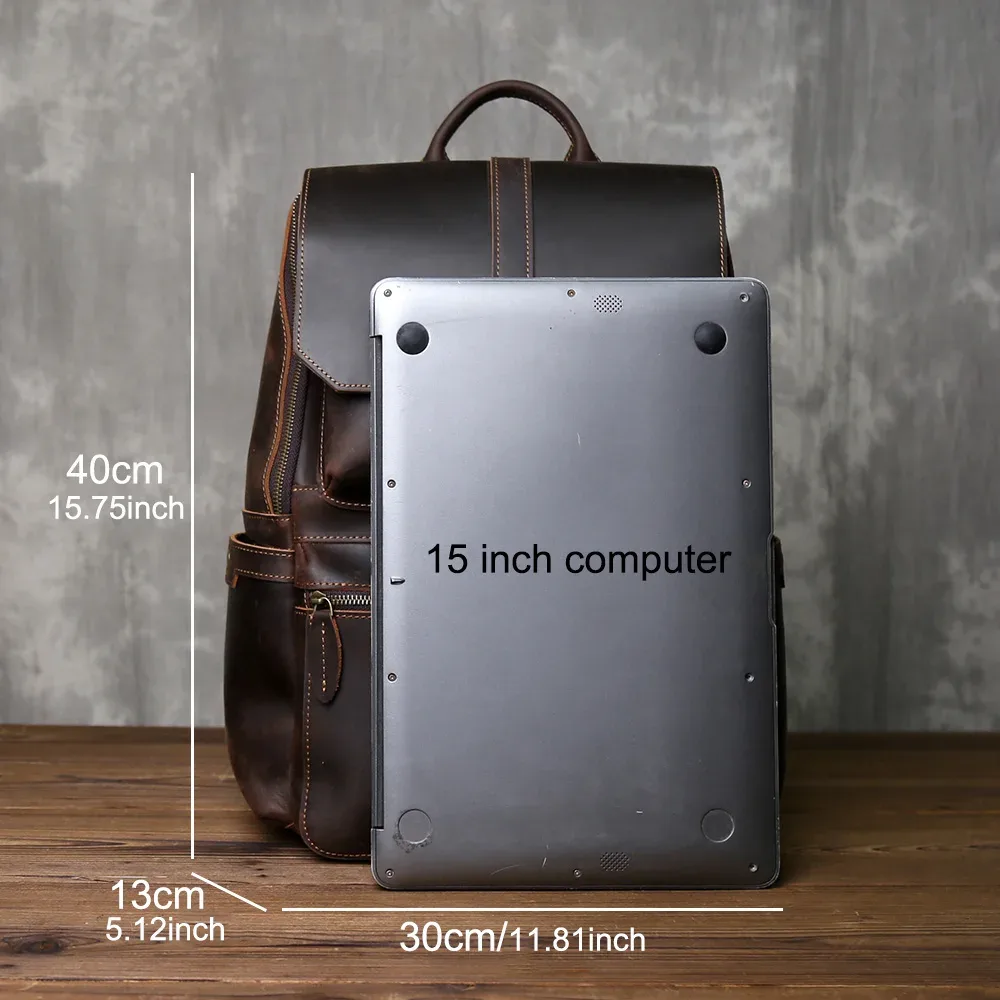 sac à dos rétro en cuir crazy horse durable pour homme, cuir de première qualité, grande capacité, boucle à fermeture éclair, sac d'ordinateur pour voyage en plein air
