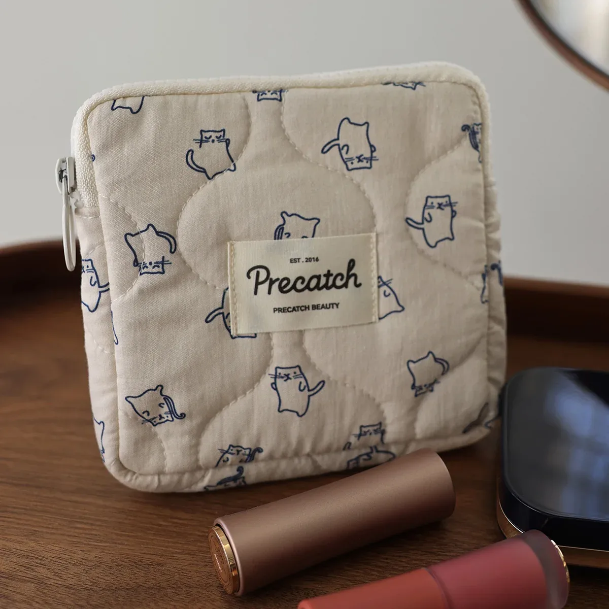 sac à cosmétiques de dessin animé pour femme, ligne chaton physiologique, carré plat, petite fille mignonne, sac de rangement portable, trousse de maquillage