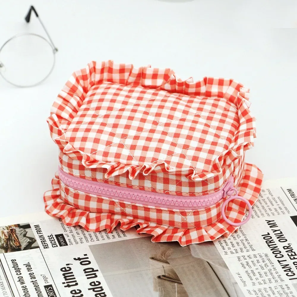 trousse de maquillage portable, design matelassé, motif à carreaux, sac de rangement pour pinceaux de maquillage, multifonctionnel avec fermeture éclair, trousse de toilette de voyage