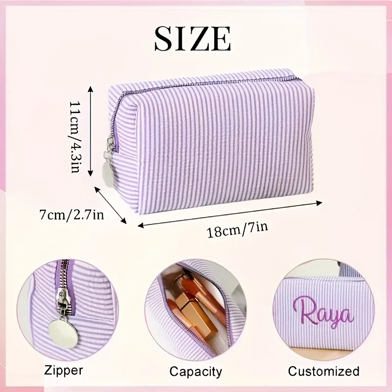 pochette de maquillage en seersucker brodée avec nom, trousse de toilette personnalisée, cadeau personnalisé pour demoiselle d'honneur, pour mariage, voyage, rangement