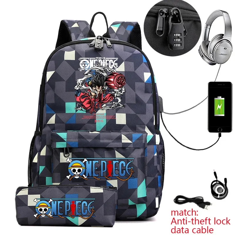 sac à dos d'étudiant imprimé one piece luffy, sac d'école décontracté antivol avec trousse à crayons pour garçons et filles
