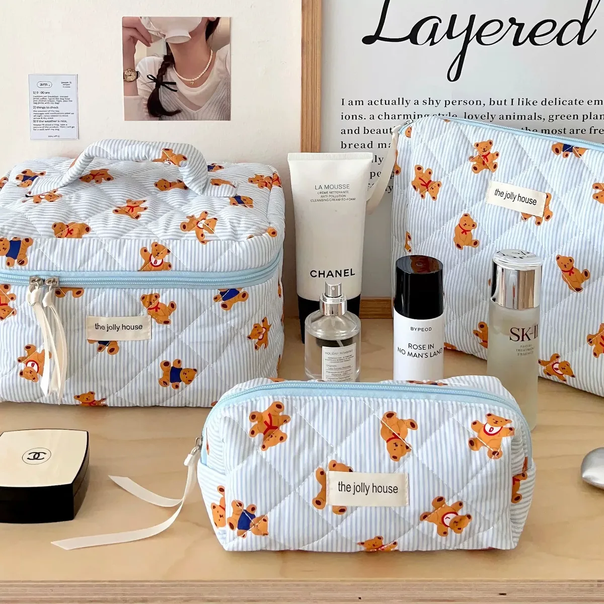 trousse de maquillage ours mignon, compartiments multicouches, organisateur de cosmétiques avec fermeture éclair, pochette de toilette de voyage portable pour femmes et filles