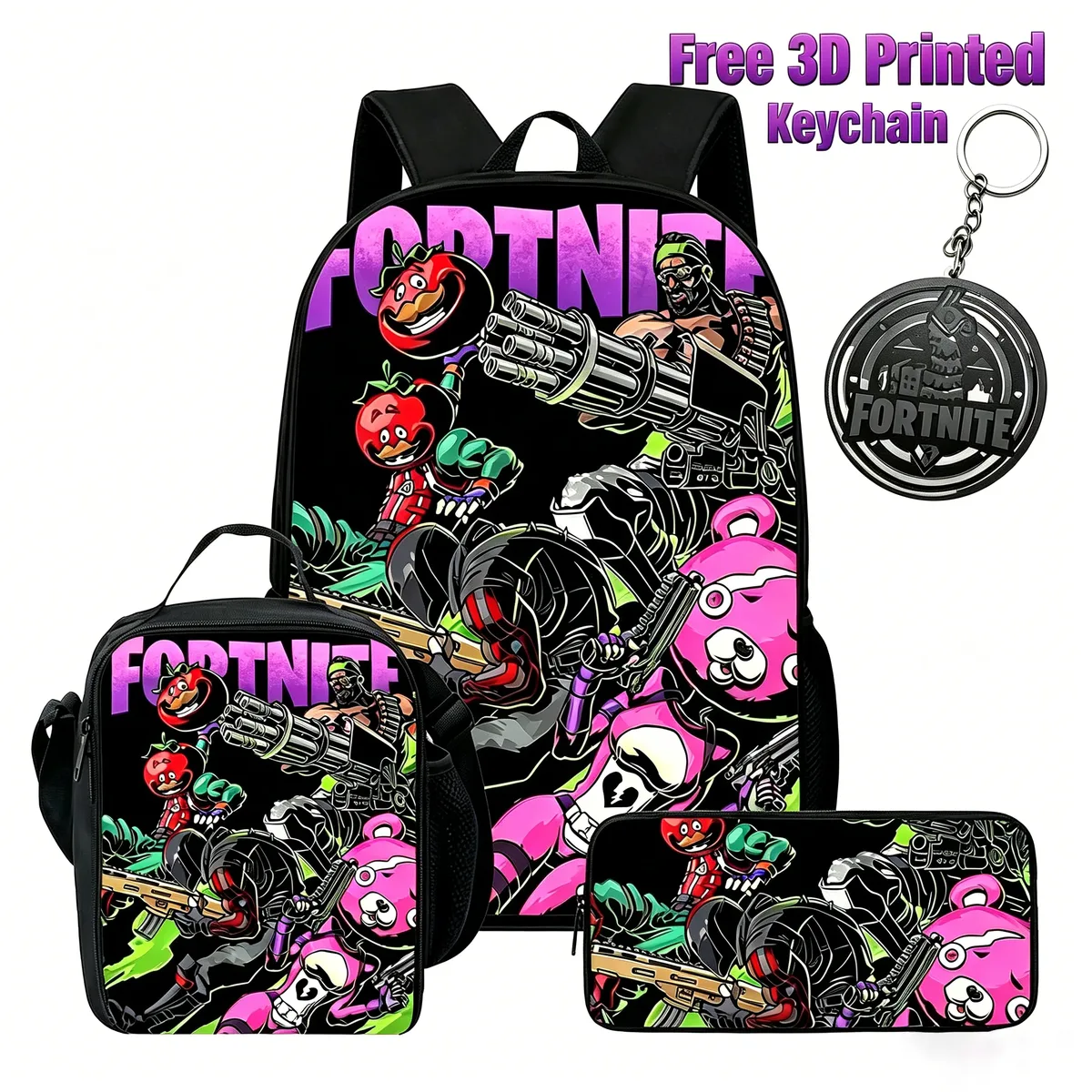 Ensemble de 3 sacs à dos pour enfants, sac à lunch et trousse à crayons, sac Fortnite à motif de dessin animé, léger pour garçons et filles de 6 à 10 ans, porte-clés imprimé en 3D gratuit