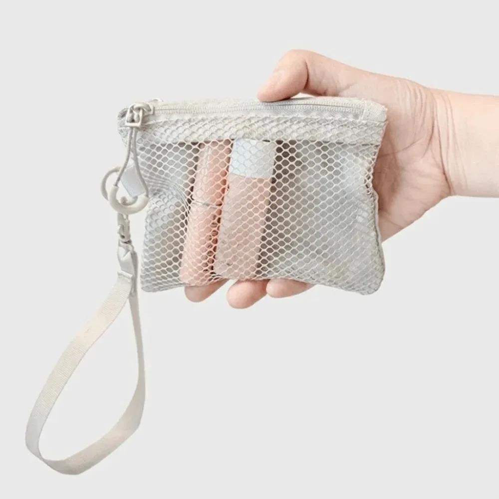 sac de rangement léger en maille, sac cosmétique en polyester de couleur unie avec fermeture éclair, porte-monnaie multifonctionnel, sac de rangement de voyage