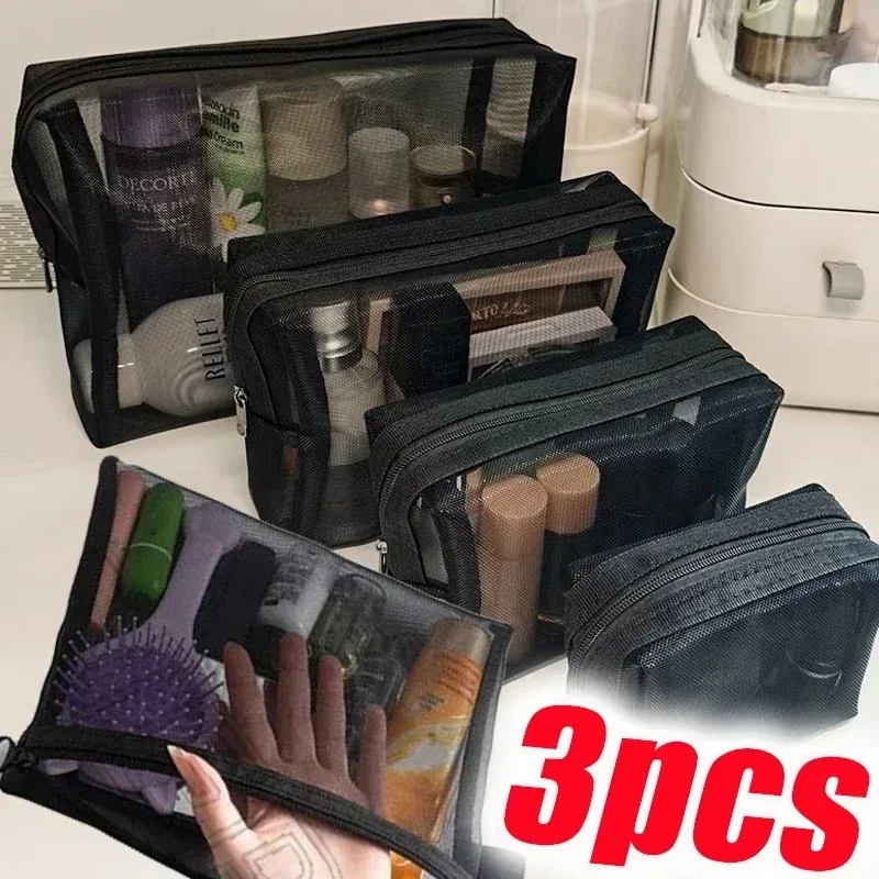 ensemble de 3 sacs à cosmétiques en maille, noir et gris, sacs de maquillage portables, fermeture éclair en maille respirante, adaptés à la pochette de rangement de voyage