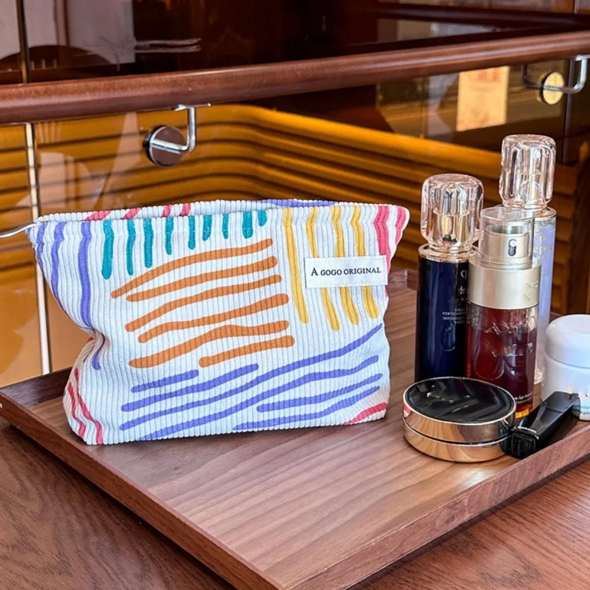 Sac à cosmétiques en velours côtelé pour femmes, sac de rangement de maquillage de grande capacité, organisateur Portable de voyage, sac de lavage à fermeture éclair