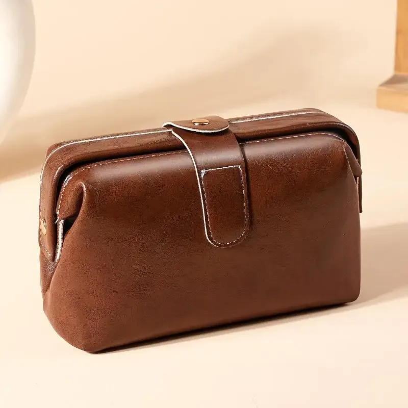 porte-monnaie à boutons de couleur unie pour filles, sac à cosmétiques en cuir pu vintage à la mode pour femmes, trousse de maquillage de grande capacité, étanche, 1 pièce