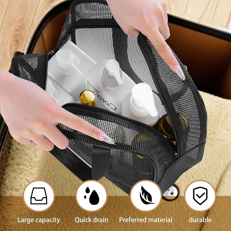 sac de rangement de douche en maille portable, grande capacité, sac de toilette pour salle de bain, organisateur de cosmétiques et articles divers pour les voyages et les sorties quotidiennes