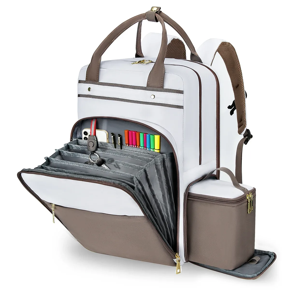 sac à dos repas avec pochette accordéon pour documents, sacoche d'ordinateur portable pour trajets professionnels, sac à dos isotherme pour pique-nique et camping en extérieur