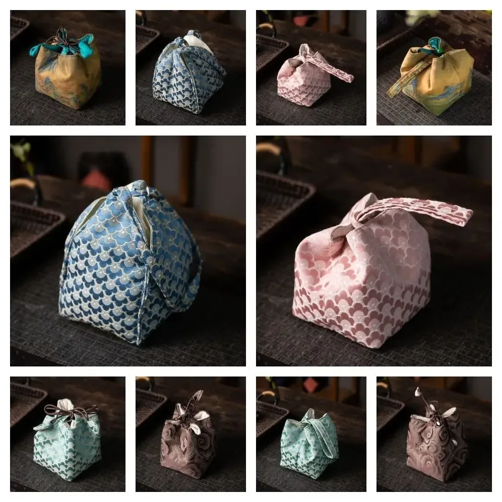 pochette en tissu à cordon de serrage pour tasse à thé de style chinois, sac de rangement portable imprimé pour service à thé, multifonctionnel, résistant à la casse