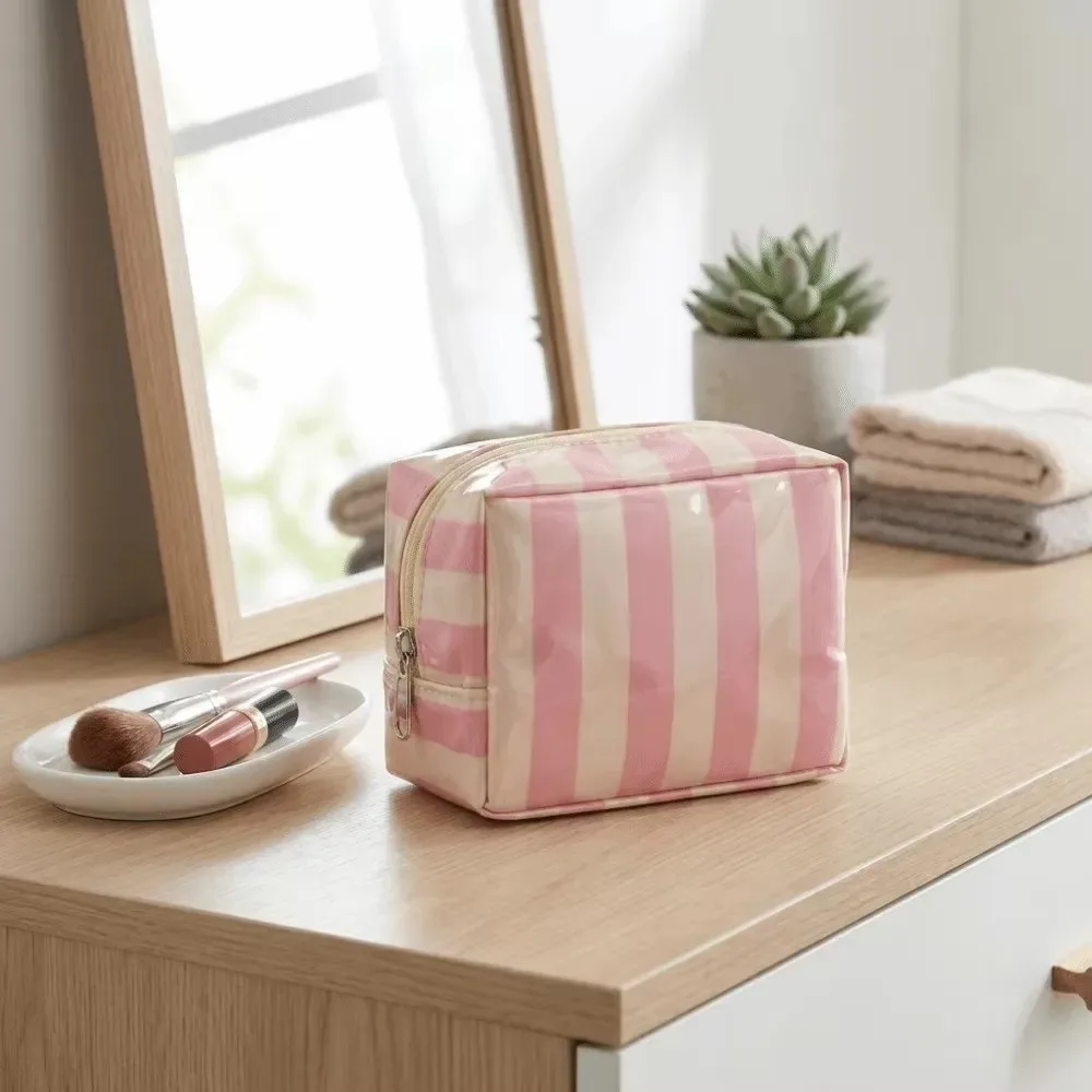 nouvelle trousse de maquillage de petite taille en pvc, design rayé, trousse de toilette légère, imperméable, pochette cosmétique pour les voyages