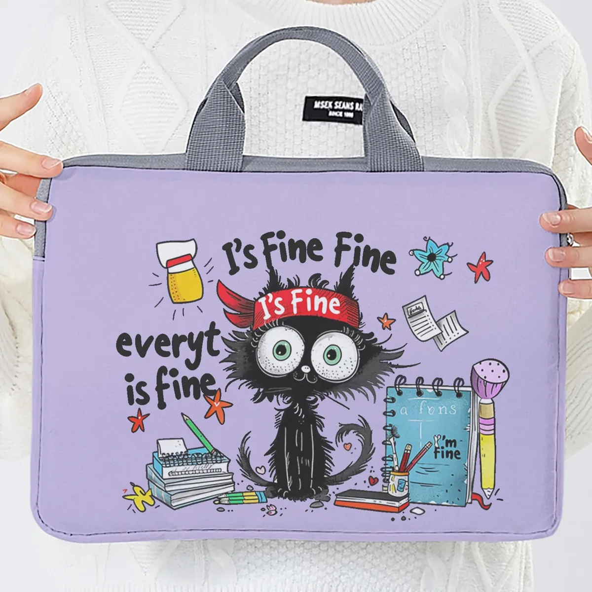 ensemble unique, deux styles, sacoche pour ordinateur portable et porte-documents à motif de chat noir, adapté aux ordinateurs portables de 14 pouces.