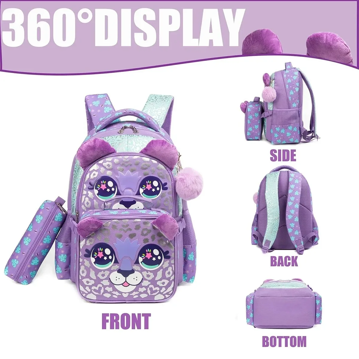 lot de 3 sacs à dos pour filles, sac d'école mignon avec boîte à lunch et trousse à crayons, sacs à dos pour enfants du primaire, sacs pour la rentrée scolaire