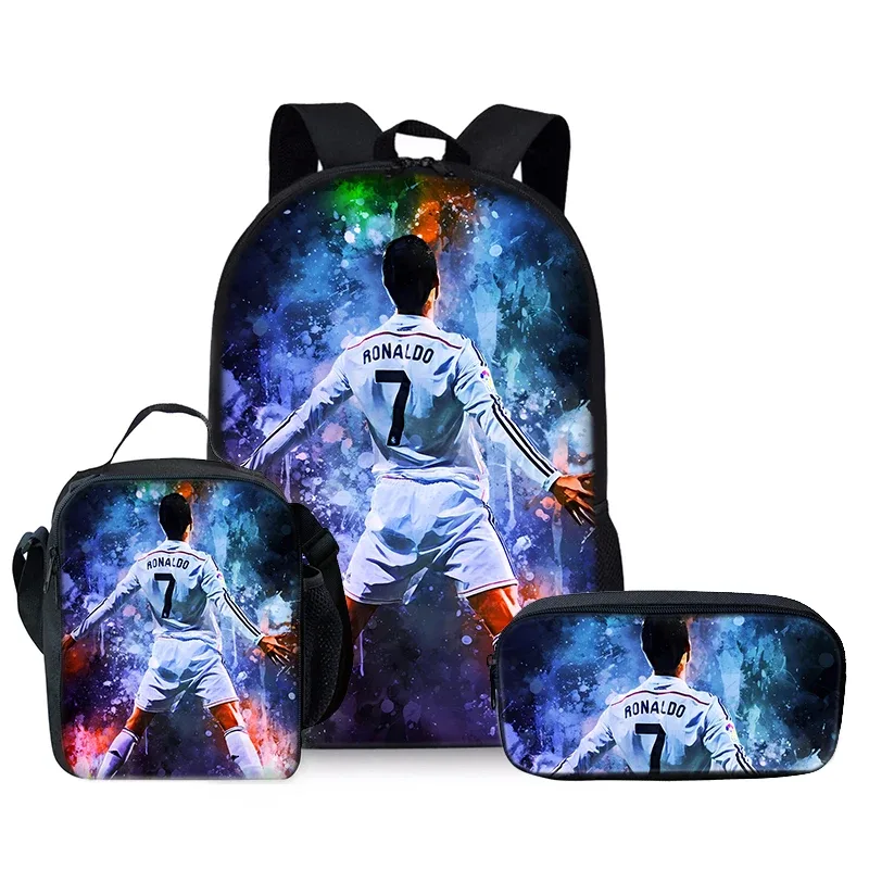 joueur de football cr7 ensemble de trois pièces sacs à dos pour garçon et filles meilleurs cadeaux sac à dos d'école de dessin animé 3d pour les enfants