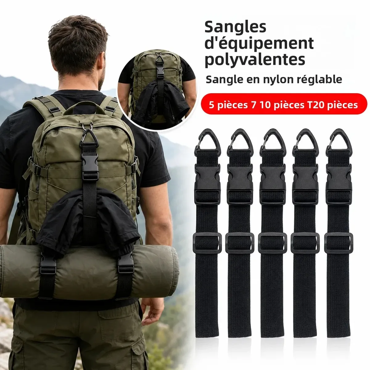 Sangle de bagage réglable avec boucle triangulaire, ceinture de fixation en nylon pour tente, camping, randonnée, voyage, rangement, 5/10/20 pièces