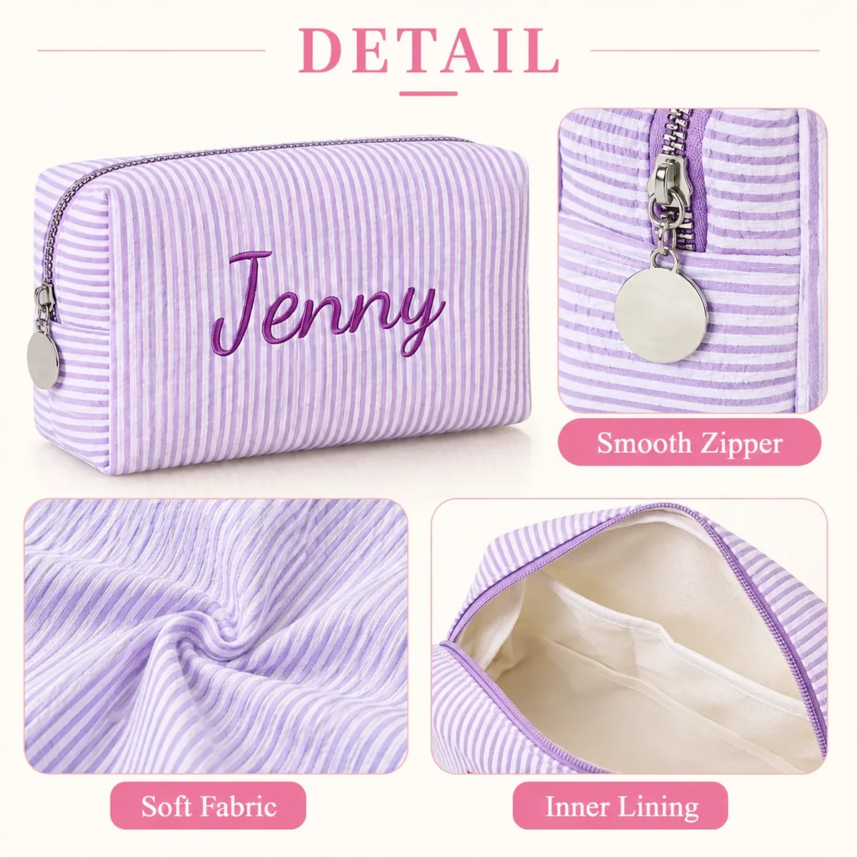 trousse de maquillage personnalisée avec nom pour femmes, pochette cosmétique rayée avec fermeture éclair, sac de rangement personnalisé pour articles de toilette de voyage