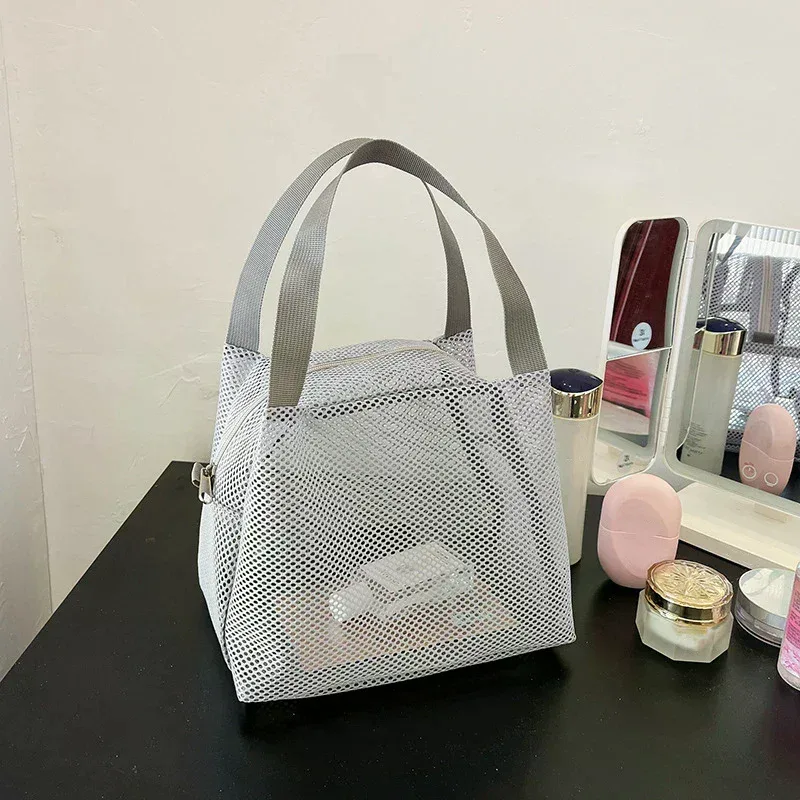 sac de toilette de voyage, sac à maquillage, sac en maille de grande capacité avec poignée, sac de plage portable, pochette à fermeture éclair pour cosmétiques