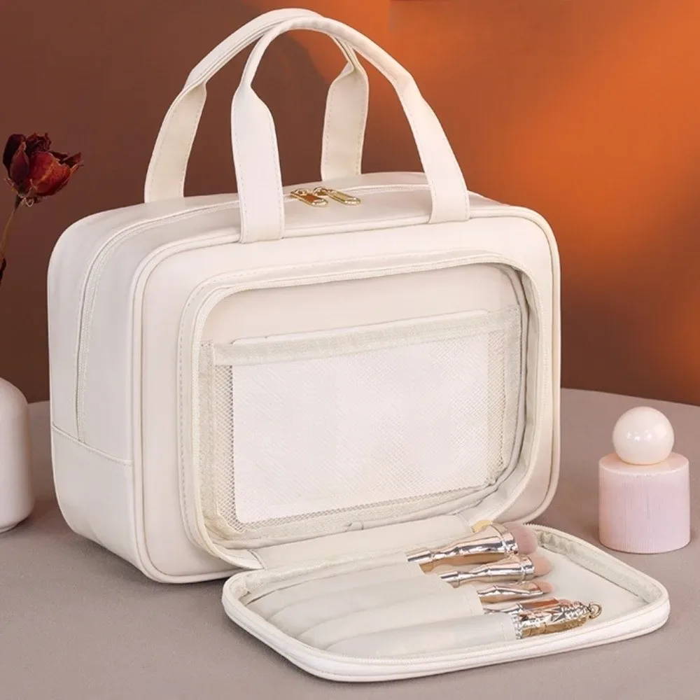 sac de rangement pour maquillage tendance, avec poignée, conteneur cosmétique portable, en cuir pu, grande capacité, trousse de toilette de voyage