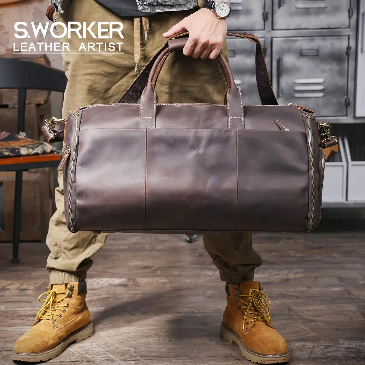 Sac de voyage pour homme en cuir véritable S.WORKER, grande capacité, sac de sport en cuir de vachette vintage, sac de week-end, style rétro