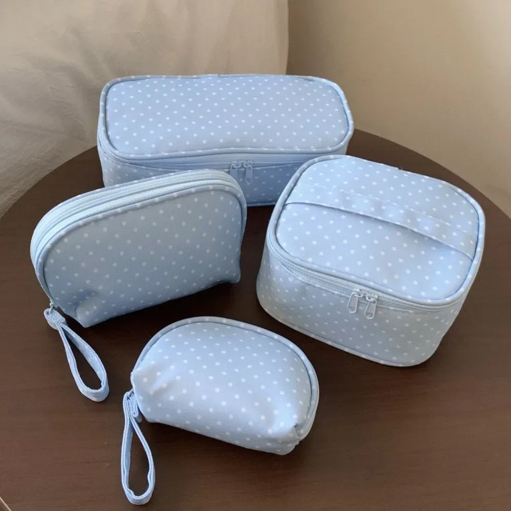 trousse de maquillage mignonne en polyester à pois bleu clair, pochette cosmétique multi-tailles à fermeture éclair, sac de voyage à carreaux pour articles de toilette, sac de rangement portable