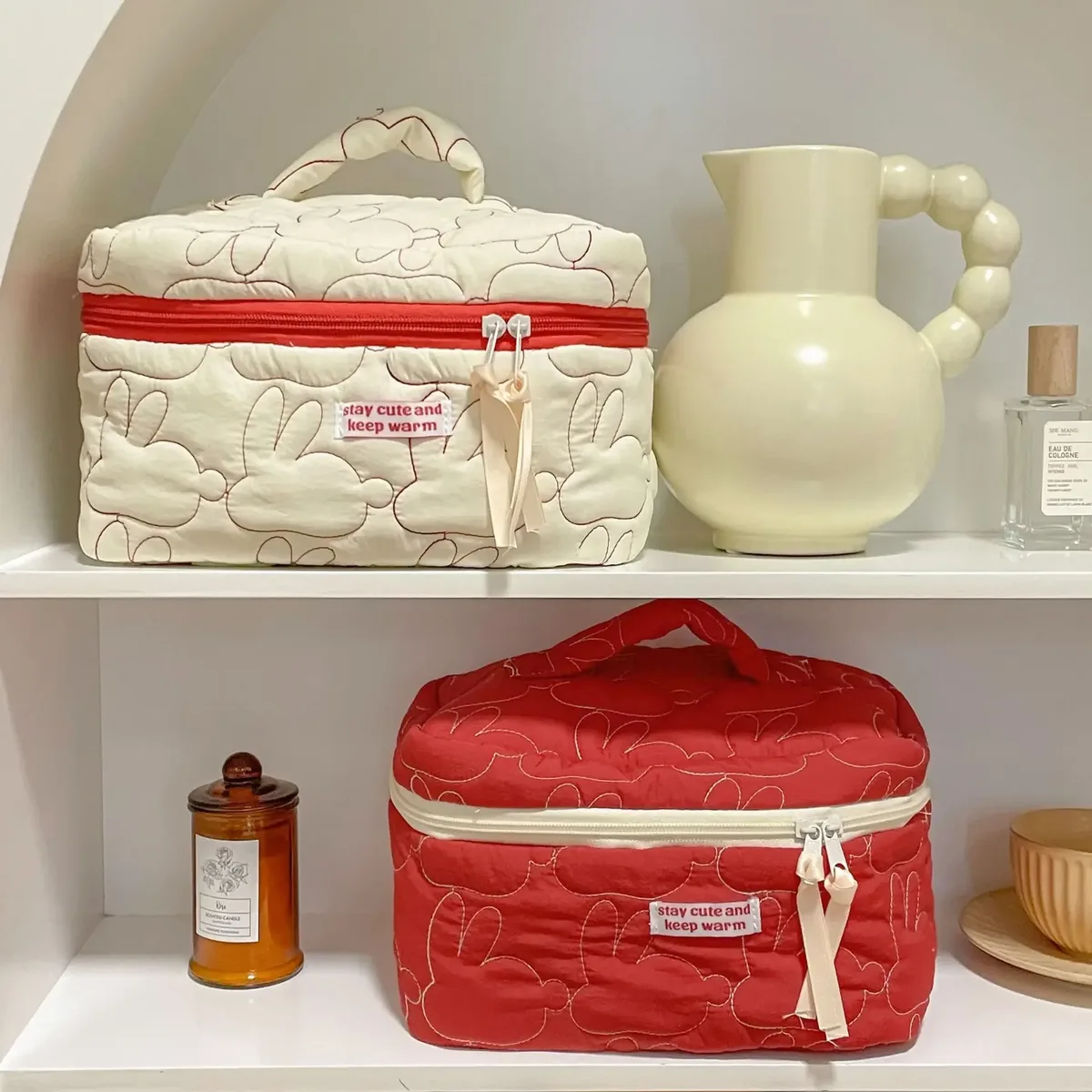 ins – sacs de maquillage à fermeture éclair de grande capacité, étuis à cosmétiques en coton matelassé lapin, pochette de rangement de voyage mignonne, organisateur pour femmes, sac à main