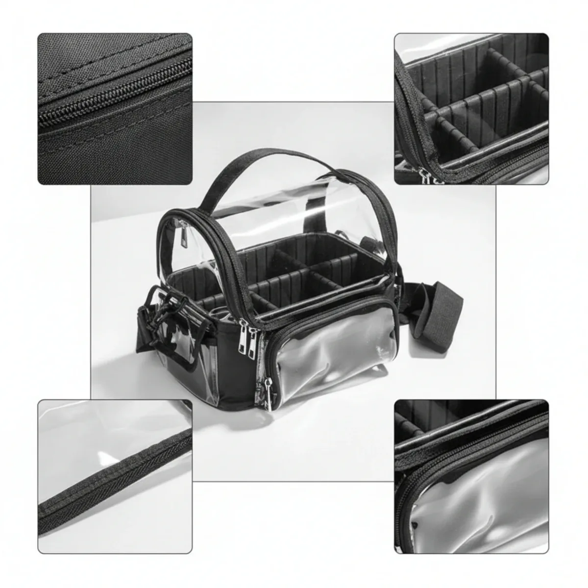 trousse de maquillage avec séparateurs réglables, organiseur de cosmétiques transparent portable pour les voyageurs, comptoir de salle de bain