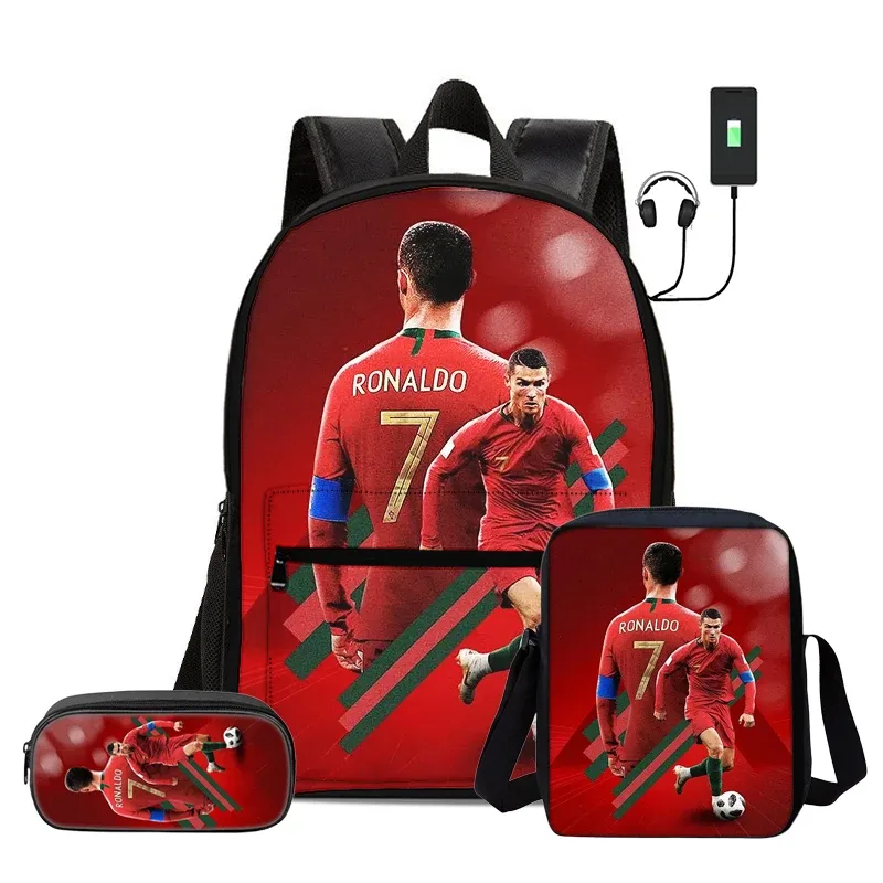 ensemble de 3 sacs à dos avec sac à bandoulière, trousse scolaire pour enfant, sac à dos ronaldo avec interface usb, sac à dos pour enfants