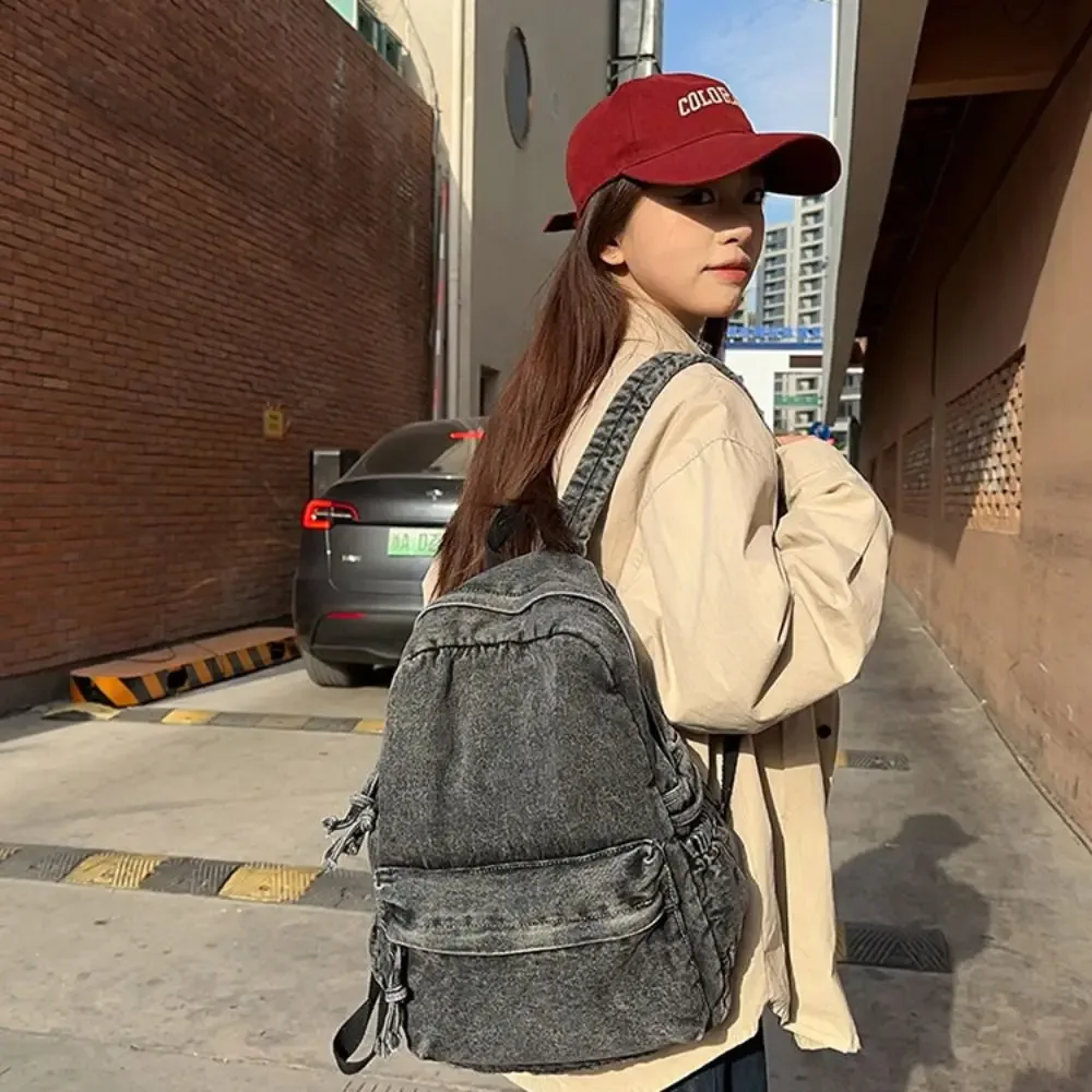 sac à dos en jean y2k décontracté, style urbain japonais, sac à main vintage grande capacité, sac bandoulière uni pour fille