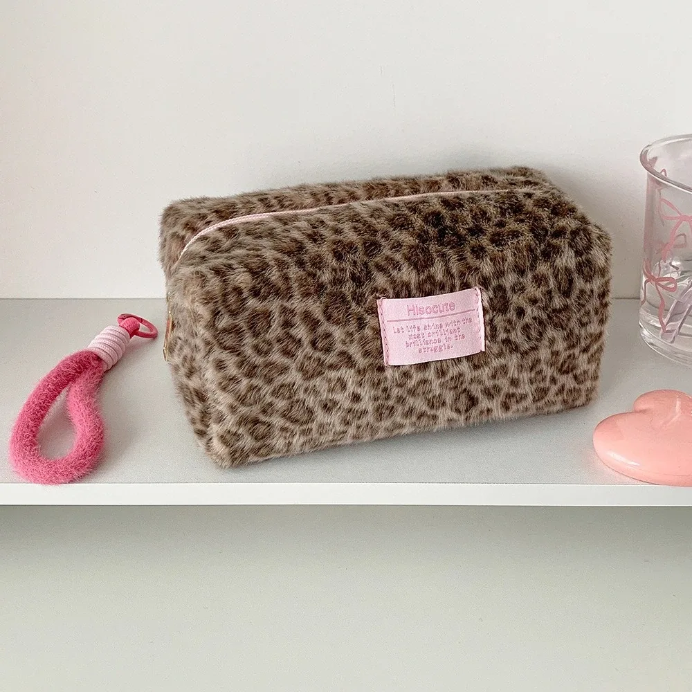 sac de voyage portable en peluche mignon, rose, imprimé léopard, pour écolière, grande trousse de maquillage, sac fourre-tout cosmétique pour femmes