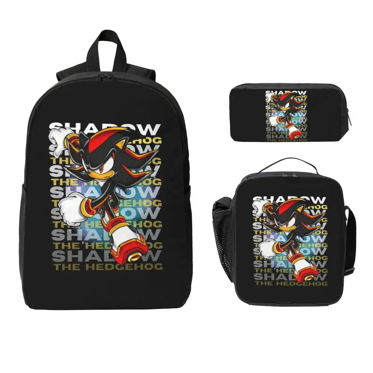 sac à dos shadow the hedgehog pour garçons et filles, sac d'école, sacs à bandoulière pour ordinateur, sac à déjeuner isotherme 3ps, trousse à crayons
