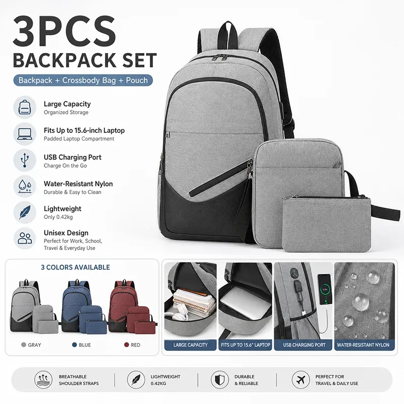 sac à dos léger en nylon pour ordinateur portable, 3 pièces, résistant à l'eau, chargeur usb, unisexe, grande capacité, sac à bandoulière pour l'école et les voyages