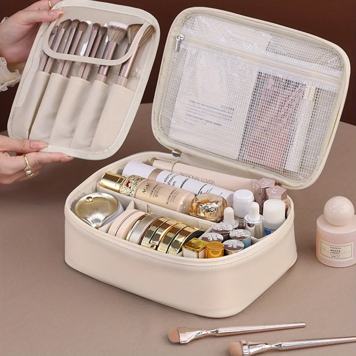 trousse de maquillage double couche en cuir pu, sacs à cosmétiques de grande capacité, organisateur de cosmétiques de luxe, essentiels de voyage pour femmes