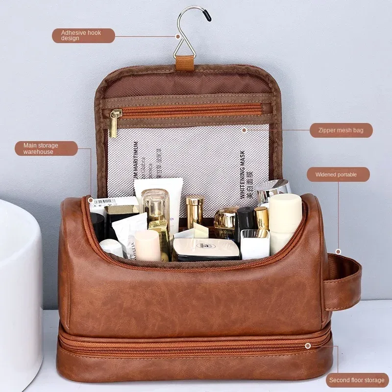 sac de maquillage suspendu de grande capacité, sac de lavage en cuir pu, sac à cosmétiques double couche pour hommes, organisateur essentiel de voyage, nouvelle collection 2024