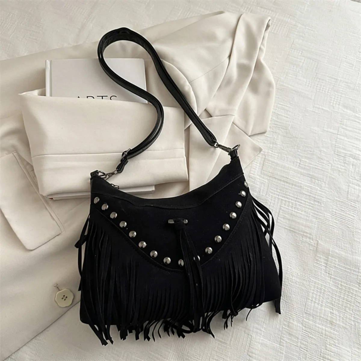 sacs à bandoulière longs à franges pour femmes, style bohème, en faux daim, vintage, avec rivets et fermeture éclair, sacs à bandoulière pour femmes, sacs de travail, sacs à cosmétiques quotidiens