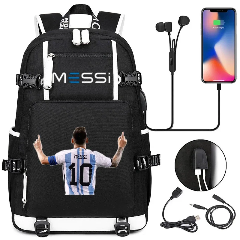 sac à dos de sport de football messi en tissu oxford avec fermeture à loquet, grande capacité, pour ordinateur portable, loisirs, voyage, école et étudiants
