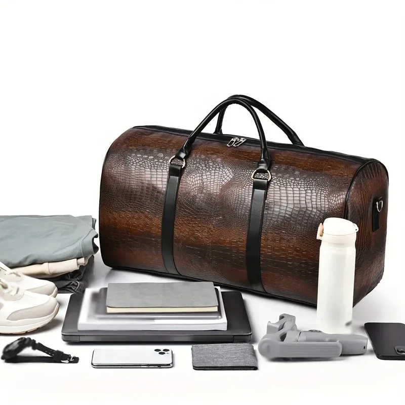 sac de voyage rétro grande capacité en cuir texturé crocodile, sac de sport durable pour les vacances et les voyages d'affaires