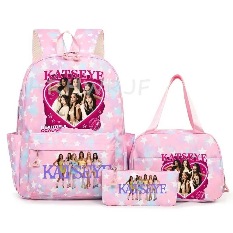sac à dos katseye à thème musical, 3 pièces, imprimé étoiles roses, cartable amusant pour adolescents, étudiants, femmes, sac à dos pour ordinateur portable, sac de voyage mochila