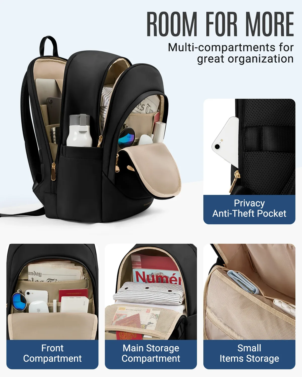 sac à dos de voyage léger pour femmes, sac à dos antivol pour ordinateur portable 15.6 pouces avec trou de chargement usb, sac à livres étanche pour collège