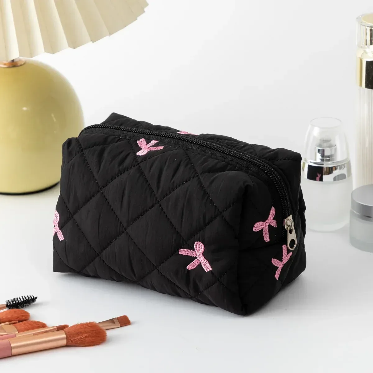 trousse de maquillage brodée, organisateur de cosmétiques de voyage de grande capacité pour femmes, rangement de toilette design avec nœud