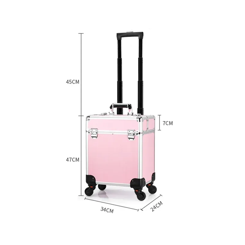 trousse de maquillage à roulettes en aluminium de grande capacité avec plateaux, trousse à cosmétiques verrouillable, trousse de salon, fournitures n64