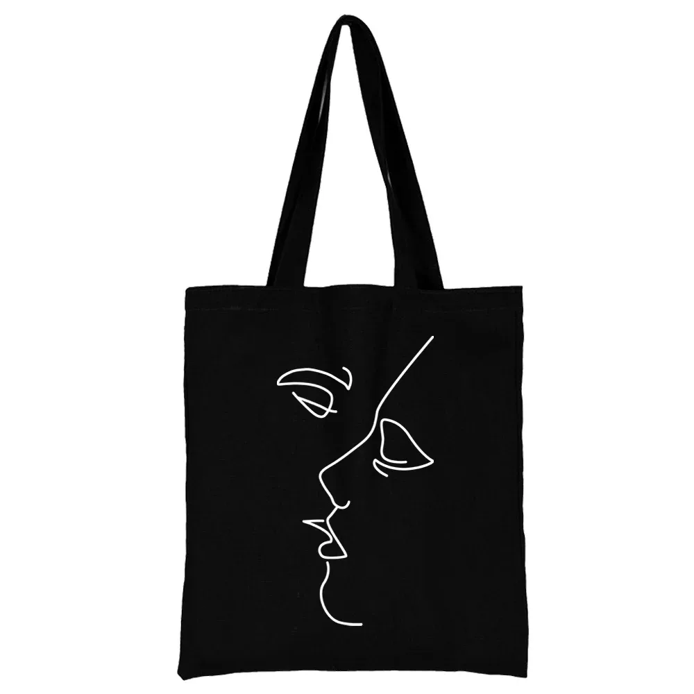 sac de shopping en toile noire pour femmes, fourre-tout décontracté réutilisable, sac à bandoulière à motif blanc imprimé, sac à main pliable de grande capacité