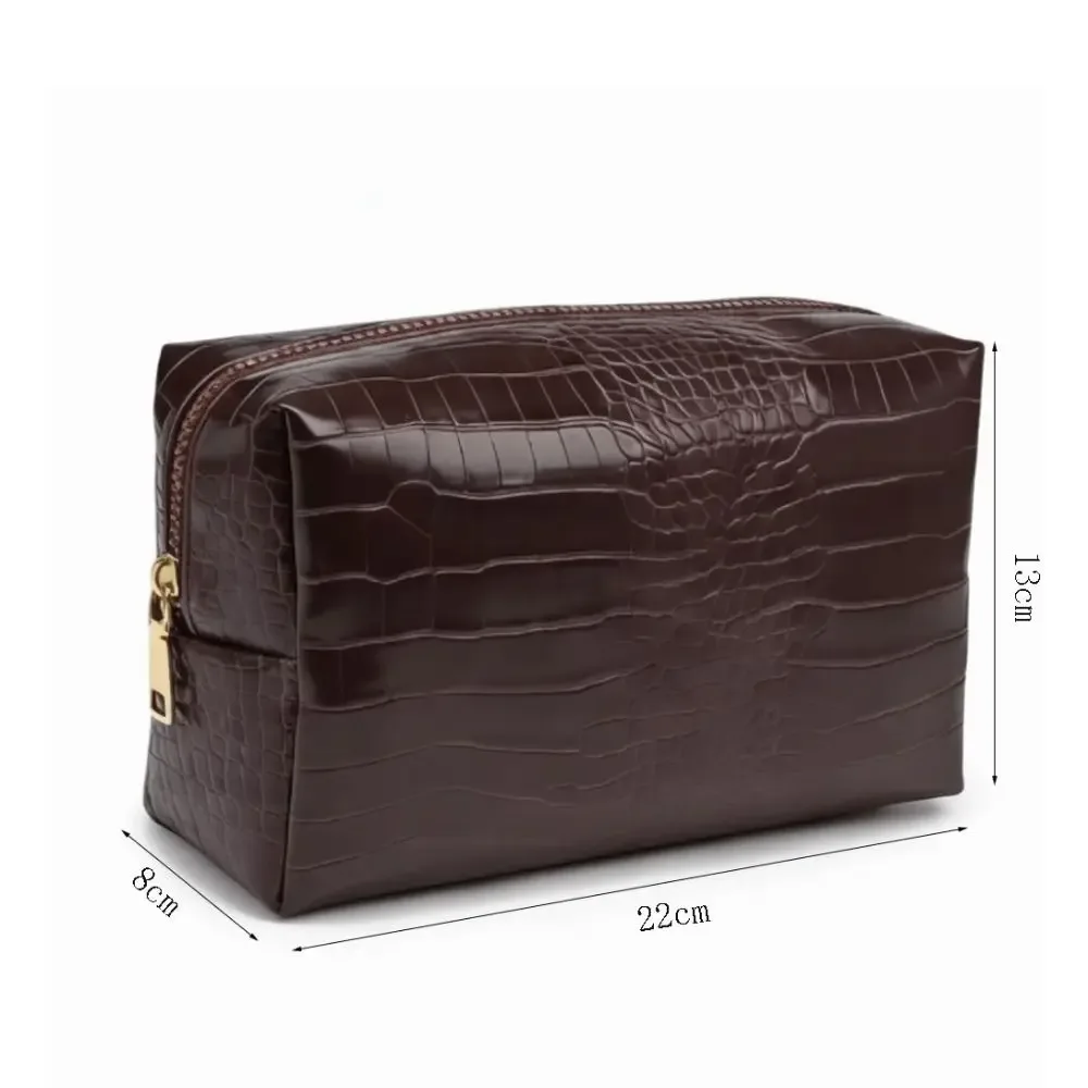 sac à maquillage en cuir pu imperméable, grande capacité, motif crocodile gaufré, fermeture à glissière, pochette cosmétique, utilisation en voyage