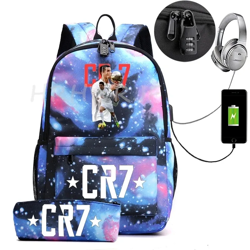 sac à dos usb cr7 pour femmes et hommes, sac à dos de voyage décontracté anti-vol, sacs d'école pour adolescents avec capacité pour ordinateur portable, avec trousse à crayons, 2 pièces