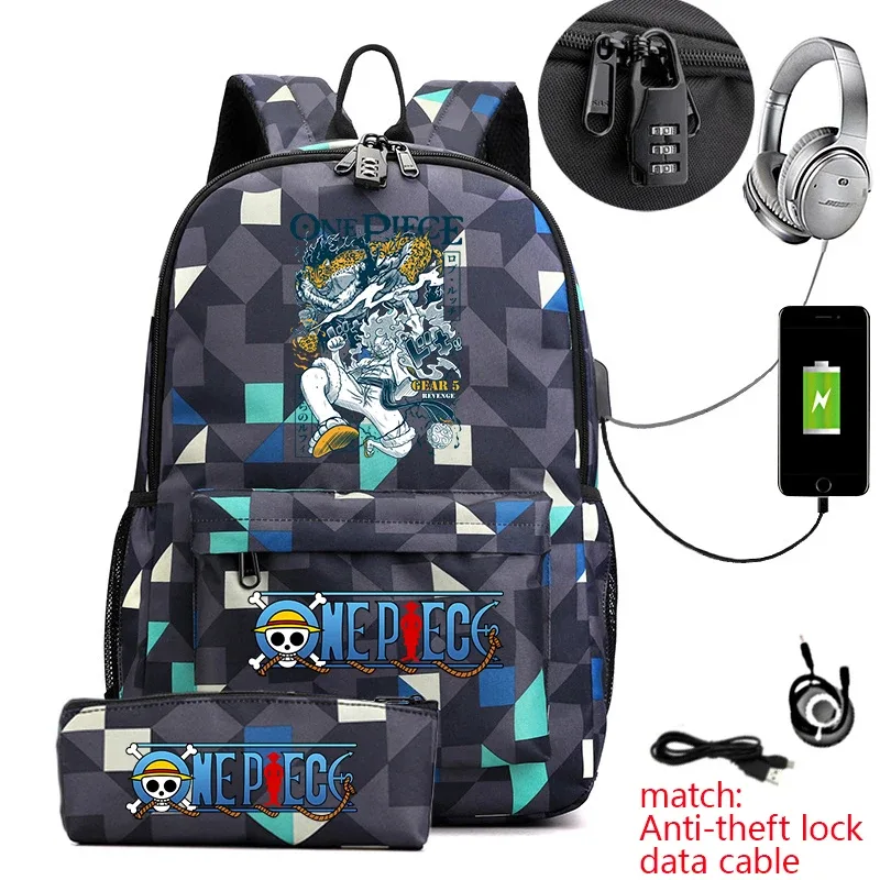 sac à dos d'étudiant imprimé one piece luffy, sac d'école décontracté antivol avec trousse à crayons pour garçons et filles
