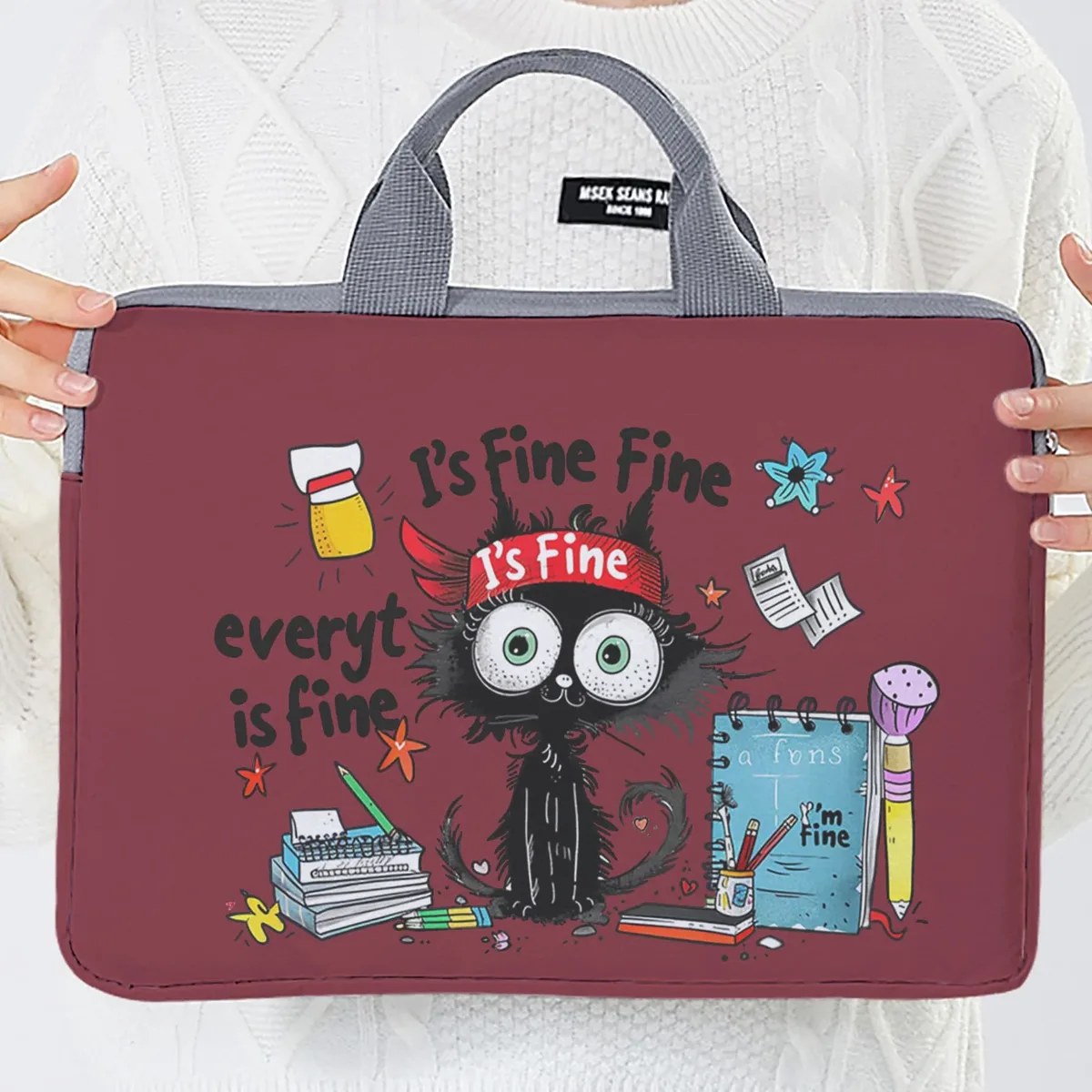 ensemble unique, deux styles, sacoche pour ordinateur portable et porte-documents à motif de chat noir, adapté aux ordinateurs portables de 14 pouces.