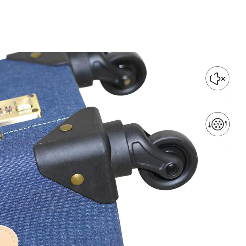 nouvelle valise en patchwork de denim avec coins en cuir faits à la main, roulettes à bagages rigides de voyage vintage de 20/24 pouces