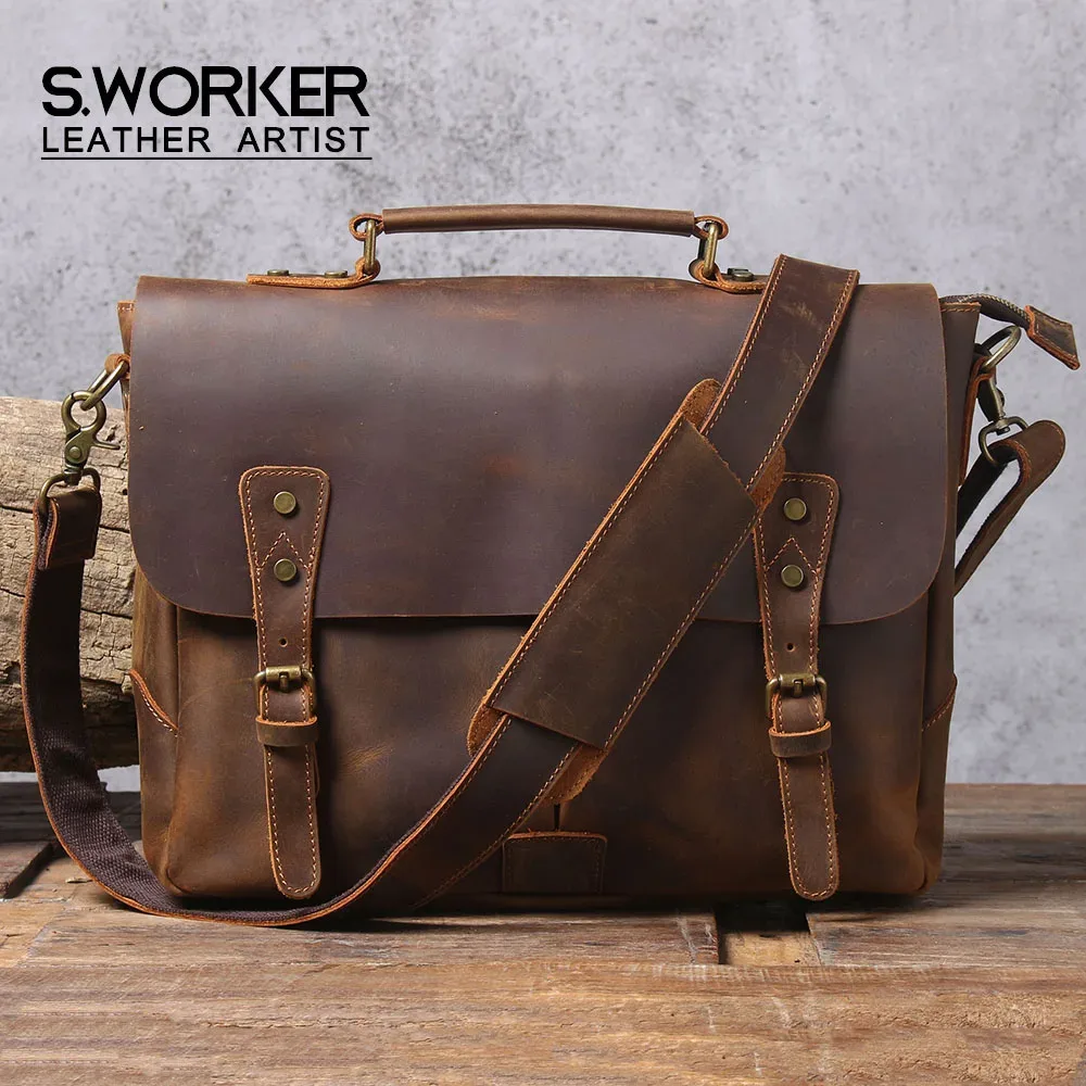 S.WORKER Sac à main vintage en cuir véritable pour homme, sacoche pour ordinateur portable, sac messager en cuir Crazy Horse, sac à main en cuir de vachette, style rétro décontracté