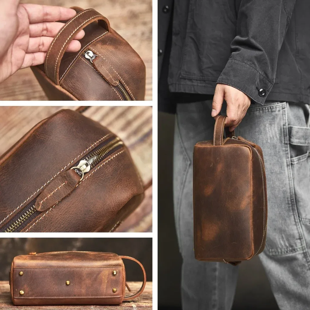 nupugoo-pochette en cuir véritable, sac cosmétique en peau de cheval, sac de lavage multifonctionnel, rangement de loisirs