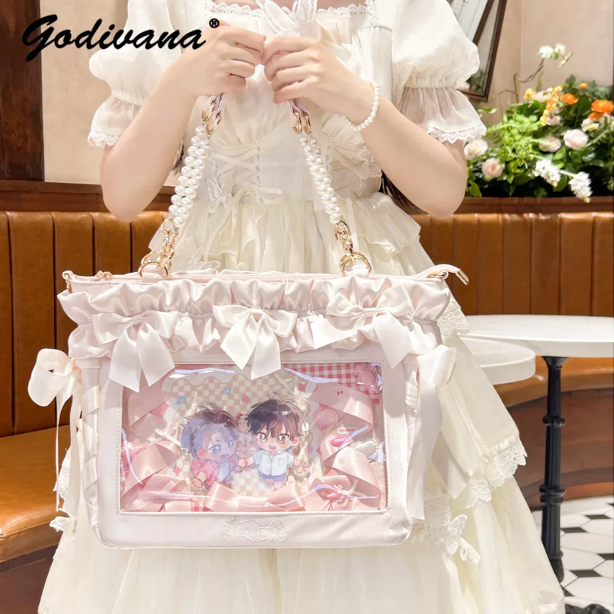 sac de douleur original avec nœud en satin doux, grande capacité, sac à bandoulière pour ordinateur portable de 14 pouces, fourre-tout avec chaîne de perles pour filles et femmes